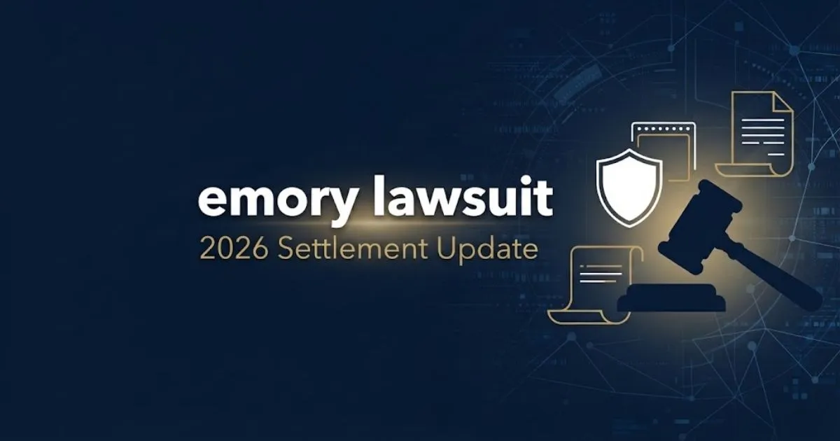 emory lawsuit 2026 settlement update banner with legal icons on navy background