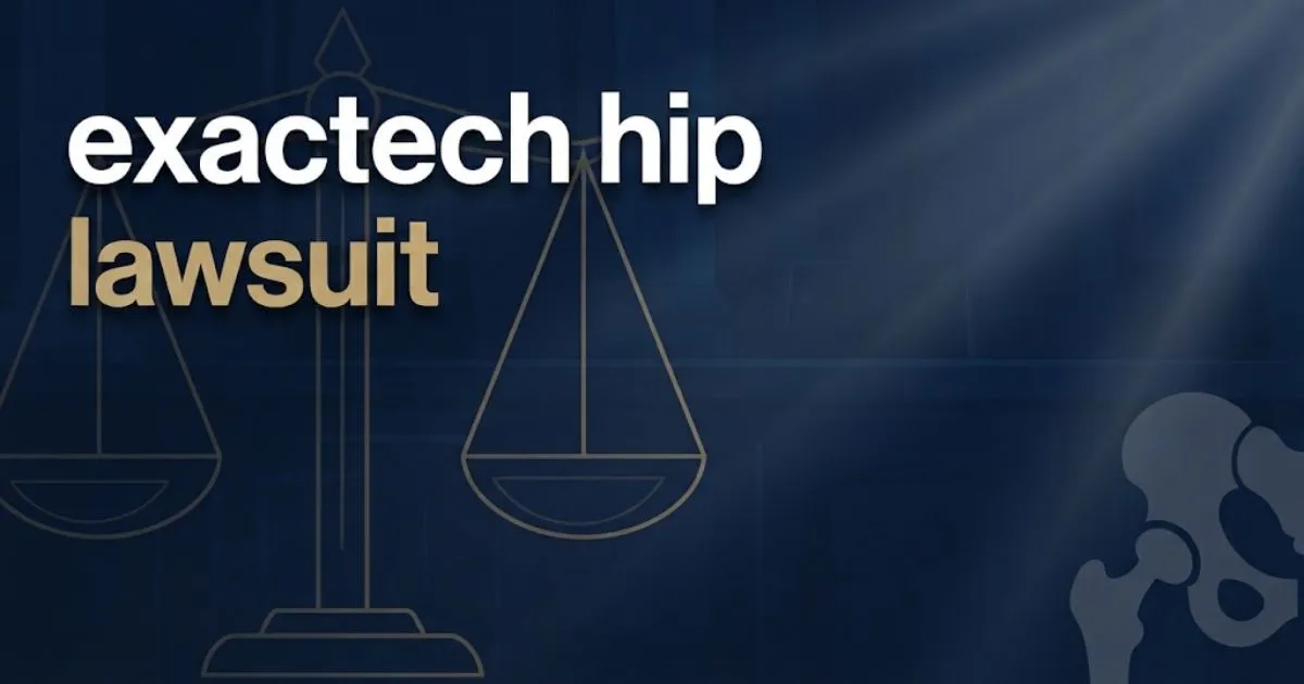 exactech hip lawsuit banner with gold scales of justice on navy background for 2026 legal update