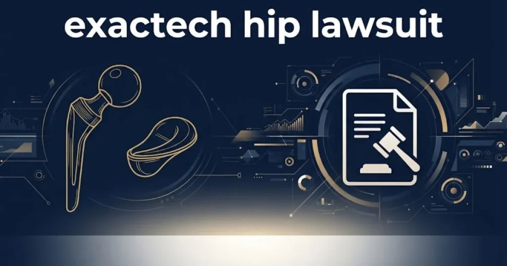 exactech hip lawsuit graphic showing stylized hip implant and legal document icons on navy background
