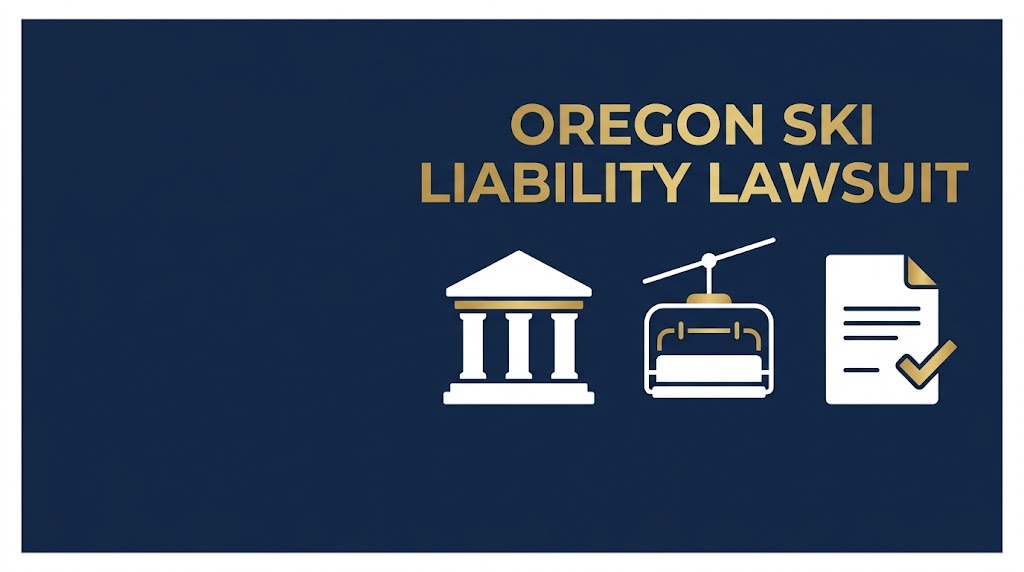 Oregon ski liability lawsuit graphic with courthouse and ski lift icons on navy background.