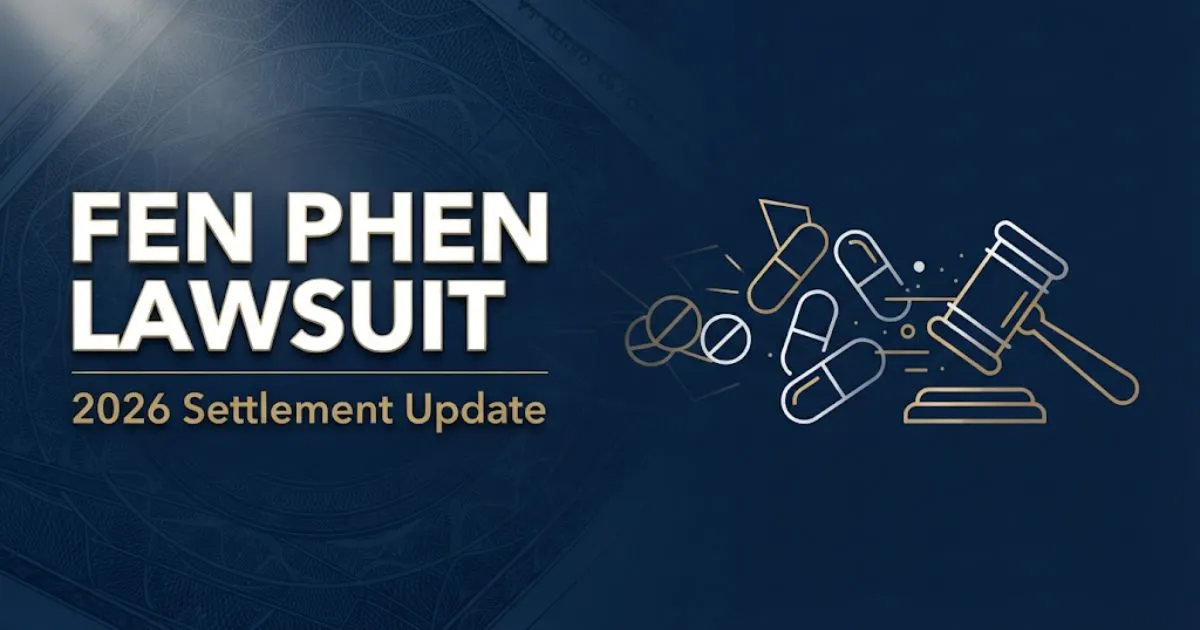 fen phen lawsuit hero banner with navy background, pill silhouettes, and gavel icon in gold and white