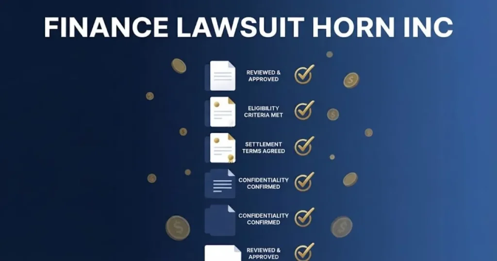 finance lawsuit horn inc settlement eligibility graphic with checklist icons on navy blue background