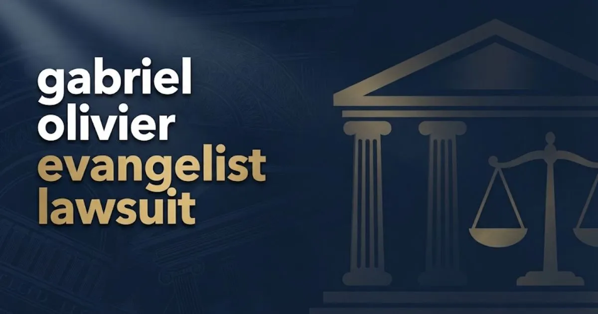 gabriel olivier evangelist lawsuit hero banner with courthouse silhouette and scales of justice on navy background