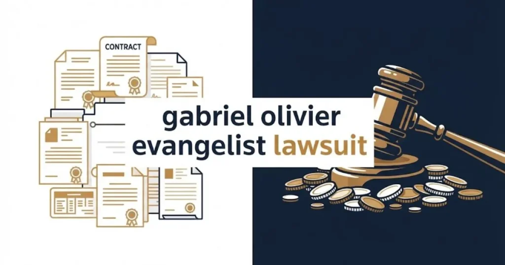 gabriel olivier evangelist lawsuit supporting graphic with legal documents and gavel on navy and gold background