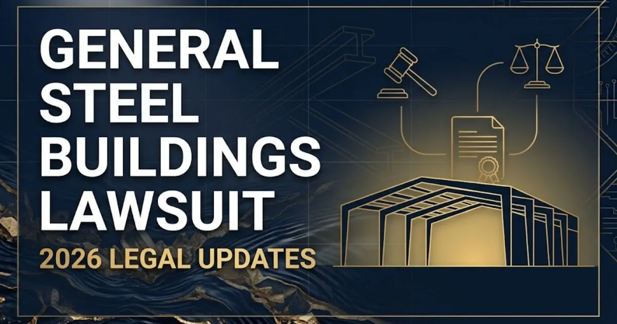 general steel buildings lawsuit hero banner with steel frame silhouette and legal theme on navy background