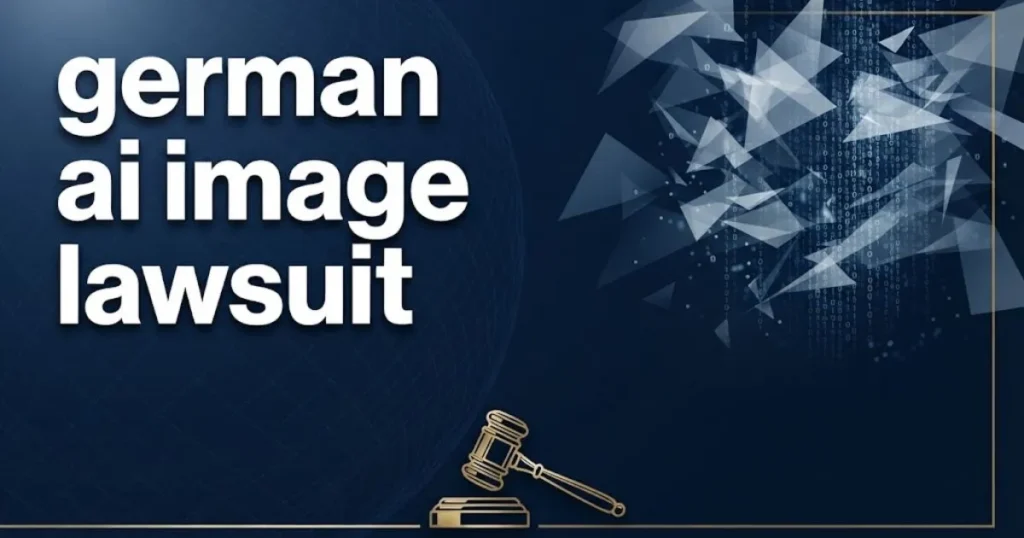 german ai image lawsuit hero banner with abstract digital fragments and gavel icon on navy background