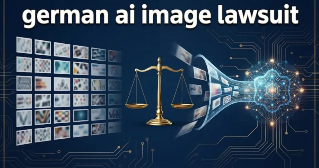 german ai image lawsuit supporting graphic showing copyrighted images flowing into AI neural network with justice scale