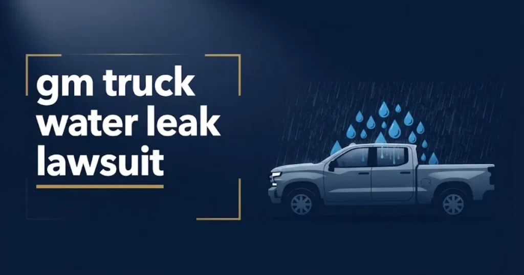 gm truck water leak lawsuit banner showing rain-soaked pickup truck silhouette on navy background