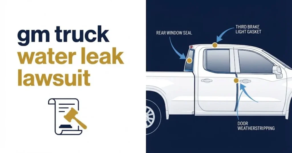 gm truck water leak lawsuit diagram showing cab leak locations with legal document and gavel icons