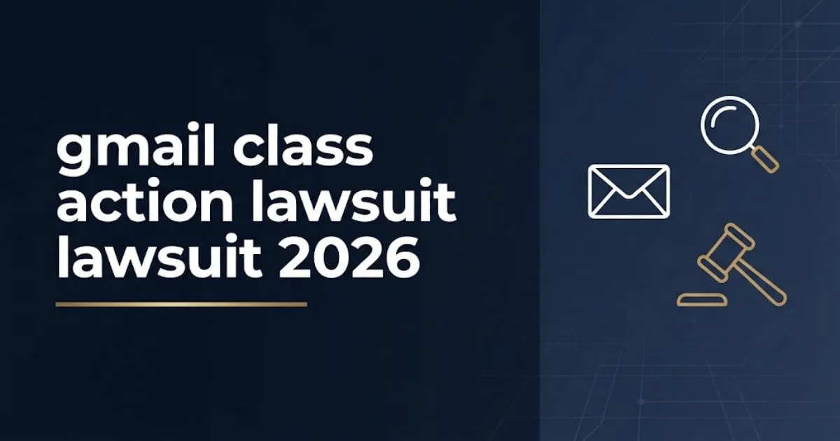 gmail class action lawsuit 2026 hero banner with legal icons and navy background