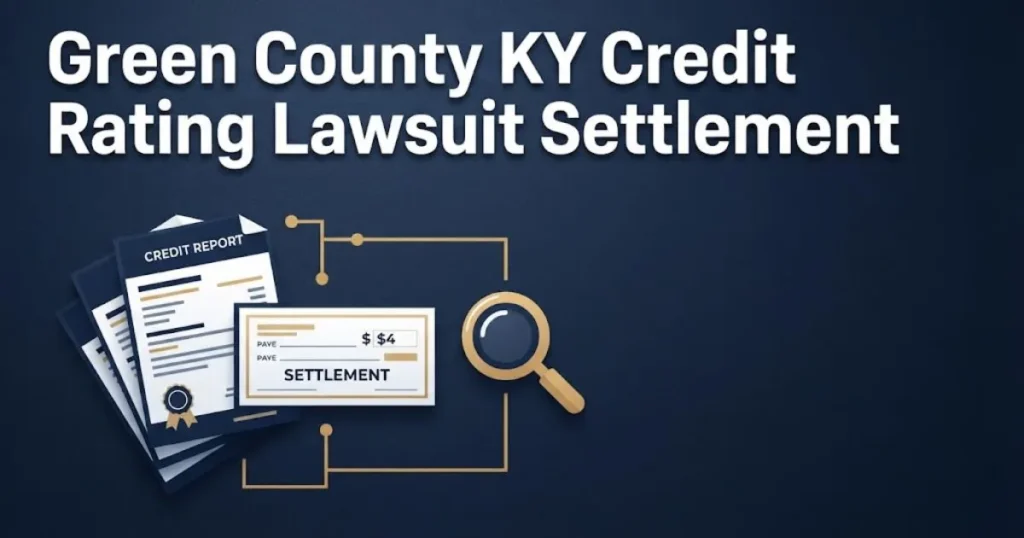 green county ky credit rating lawsuit settlement graphic showing credit report documents and settlement check icons on navy background