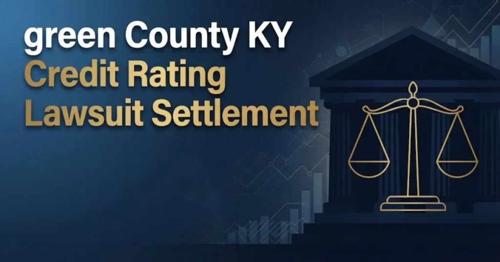 green county ky credit rating lawsuit settlement hero banner with courthouse silhouette and gold legal scales on navy background
