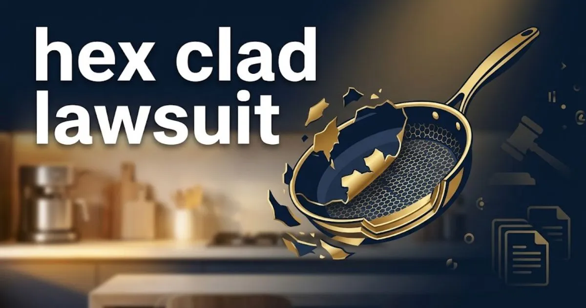 hex clad lawsuit banner showing stylized peeling cookware pan with legal symbols on navy background