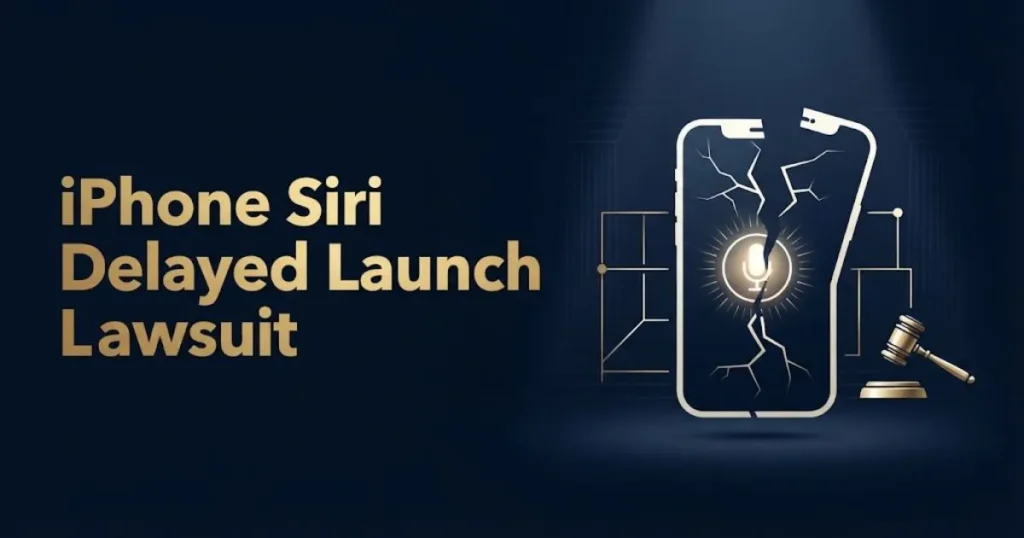 iPhone Siri delayed launch lawsuit hero banner with cracked smartphone icon and gavel graphic.
