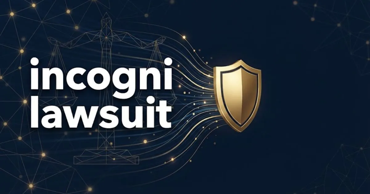 incogni lawsuit hero banner with digital data privacy theme and gold shield icon on navy background