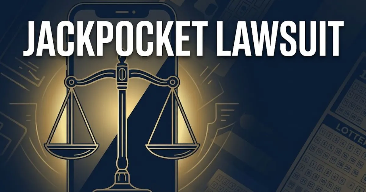 jackpocket lawsuit hero banner with legal scales and smartphone silhouette in navy and gold