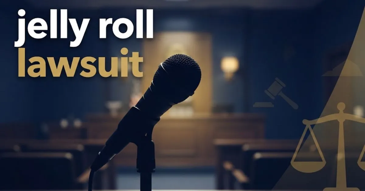 jelly roll lawsuit hero banner with courtroom and microphone silhouette in navy and gold