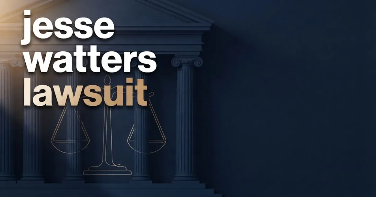 jesse watters lawsuit hero banner with gold scales of justice on dark navy background
