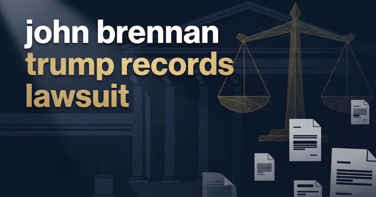 john brennan trump records lawsuit hero banner with courthouse and scales of justice in navy and gold