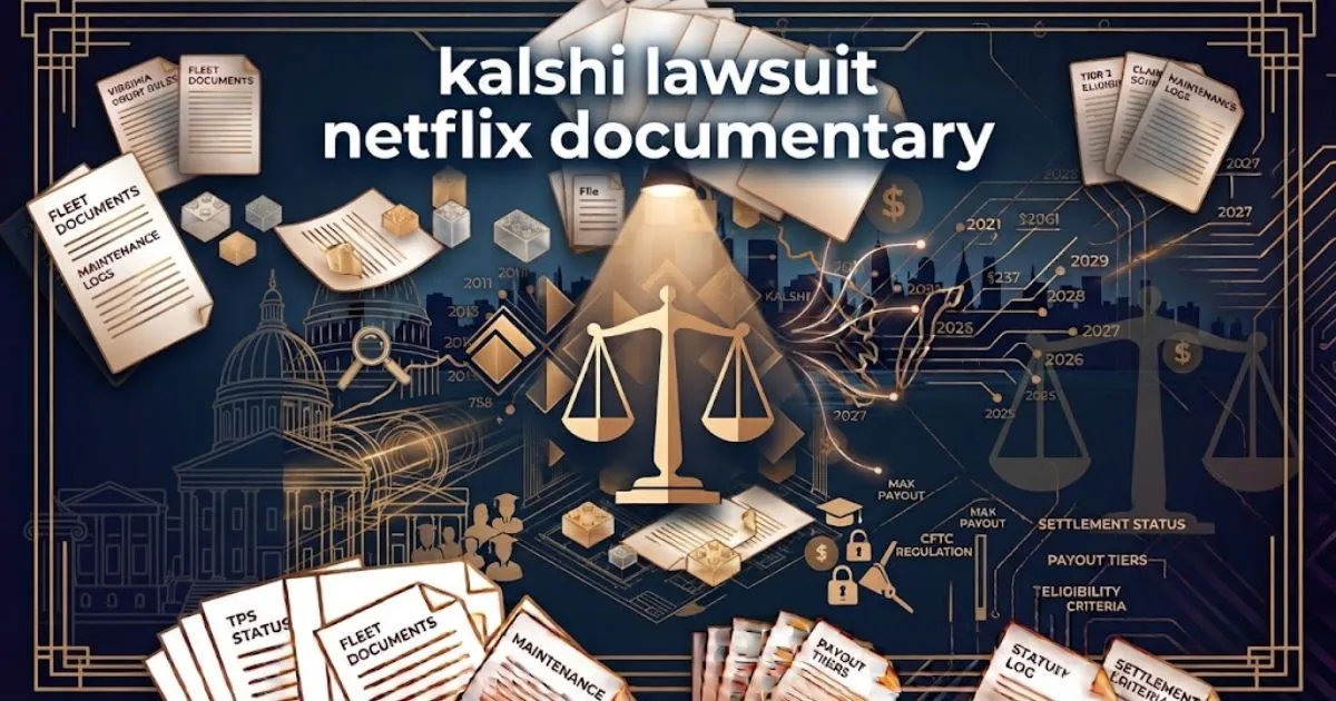 kalshi lawsuit netflix documentary hero banner with courtroom scales and data charts in navy and gold