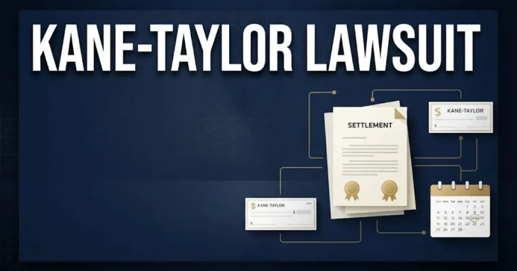 kane-taylor lawsuit settlement graphic showing documents, check icon, and 2026 calendar on navy background