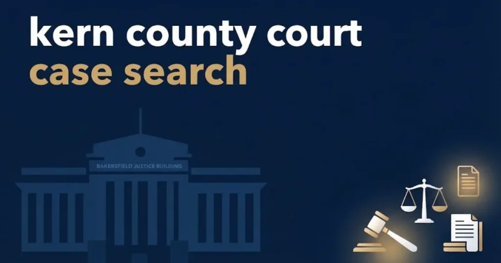 kern county court case search hero banner with Bakersfield courthouse silhouette and legal icons on navy background