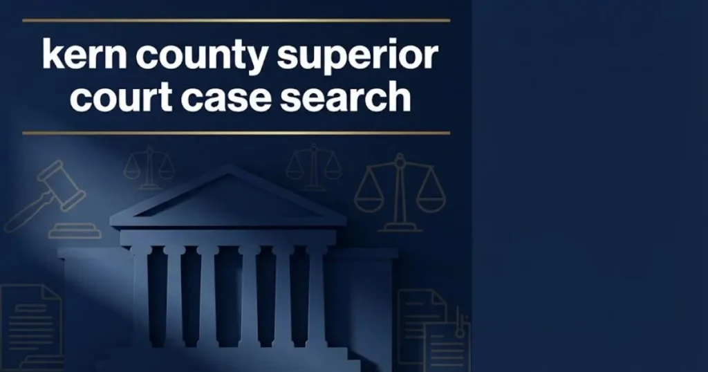 kern county superior court case search hero banner with courthouse silhouette and legal icons on navy background