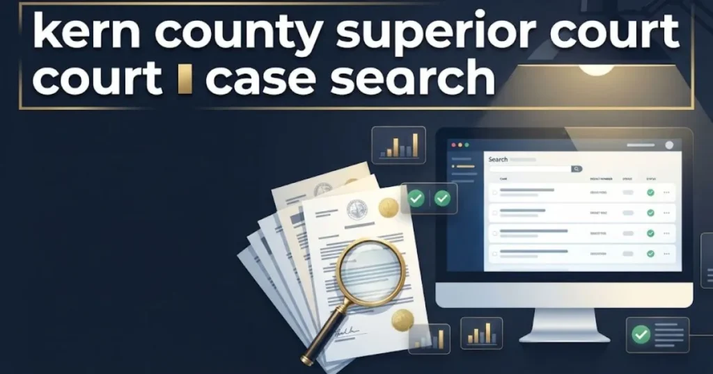 kern county superior court case search supporting graphic with legal documents and magnifying glass on navy desk