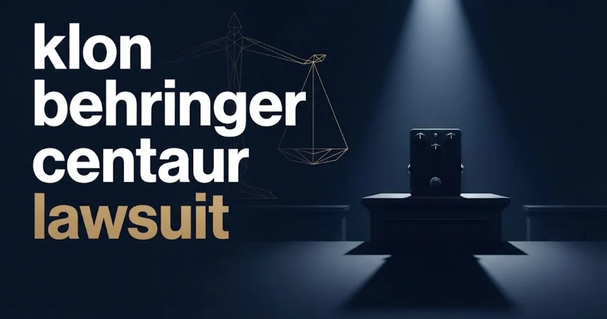 klon behringer centaur lawsuit hero banner with legal scales and guitar pedal silhouette on navy background
