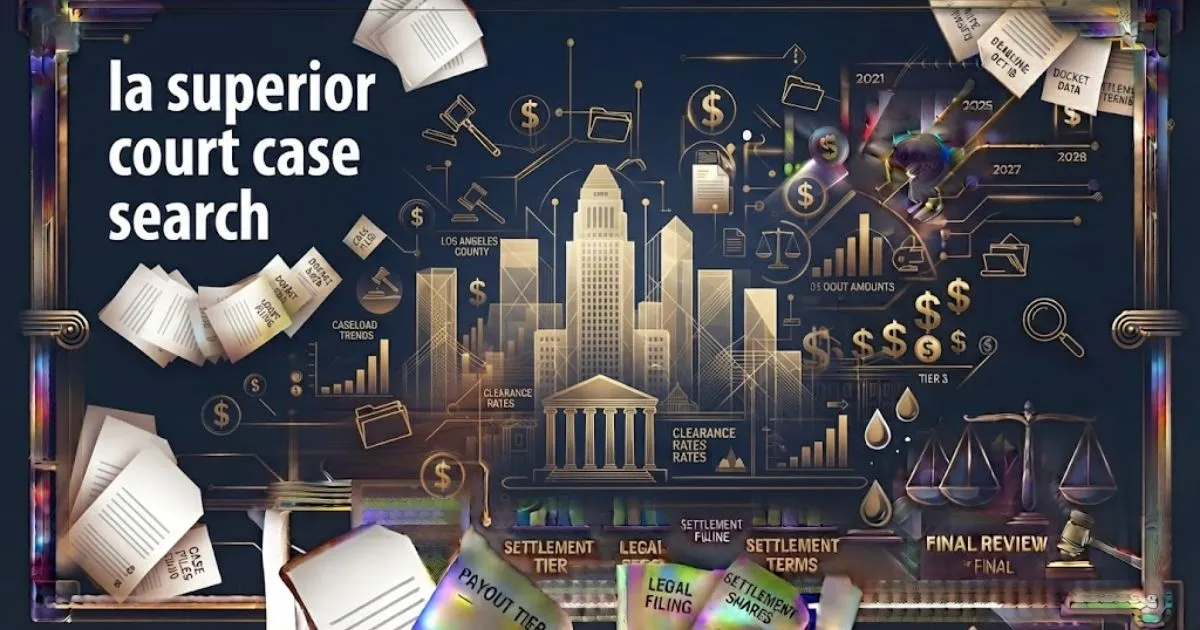 la superior court case search hero banner with Los Angeles courthouse silhouette and legal icons in navy and gold