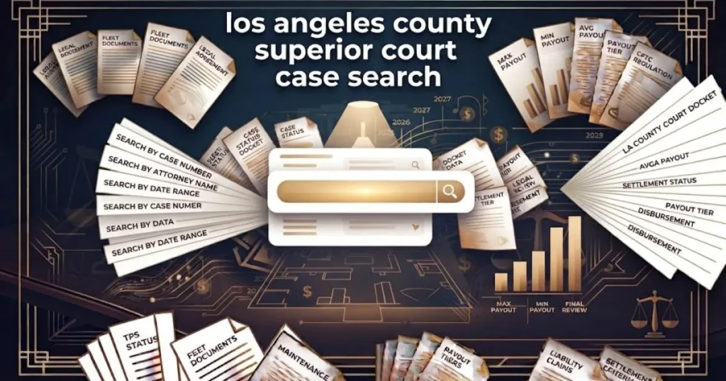 los angeles county superior court case search digital interface graphic with search bar and court document icons on navy background