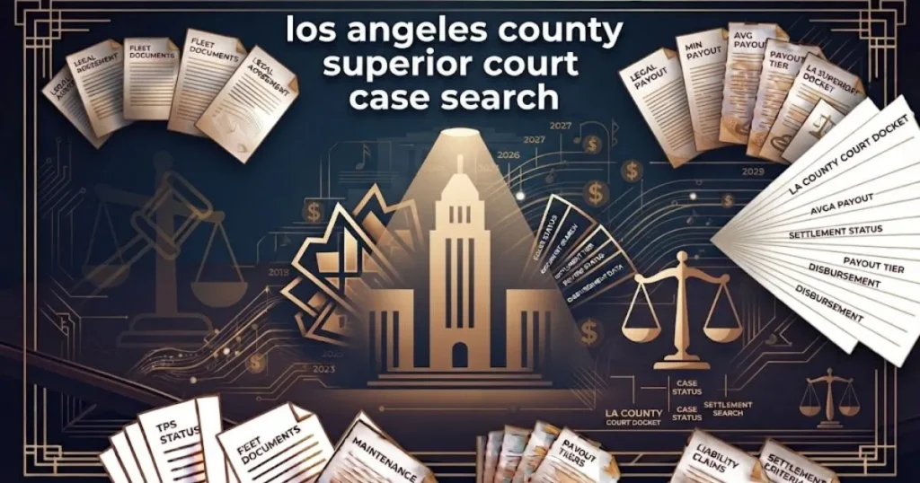 los angeles county superior court case search hero banner with courthouse silhouette and legal icons on navy background