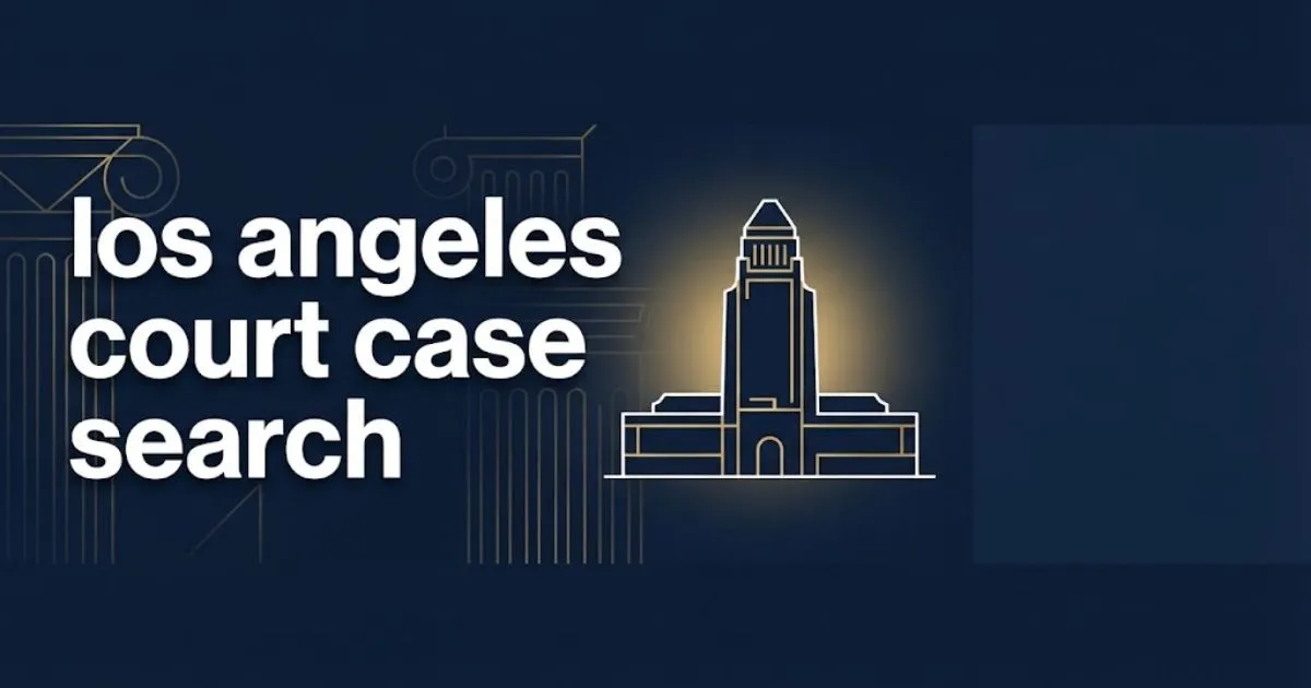 los angeles court case search hero banner with LA courthouse silhouette in navy and gold