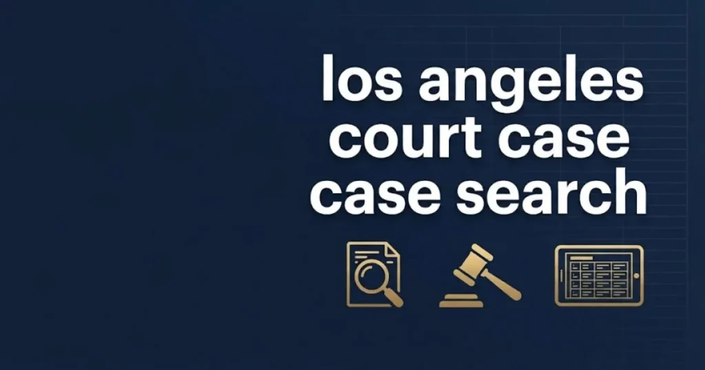 los angeles court case search supporting graphic with legal icons in navy and gold