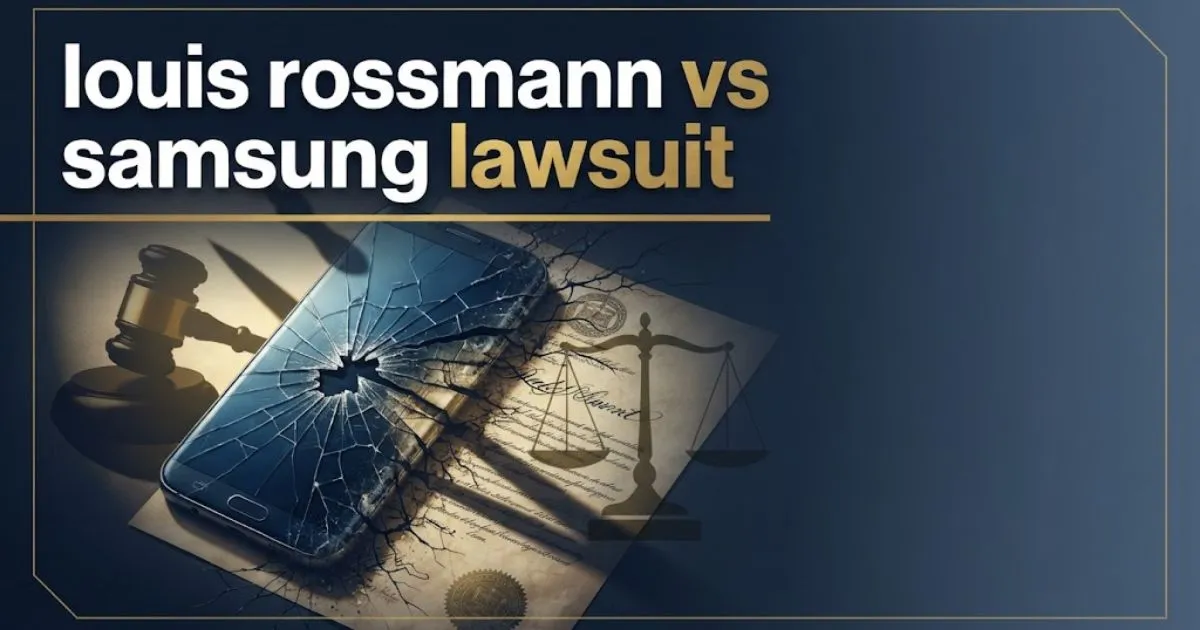 louis rossmann vs samsung lawsuit hero banner with cracked phone and legal gavel silhouettes on navy background