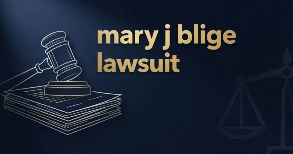 mary j blige lawsuit hero banner with gavel silhouette and legal documents on navy background