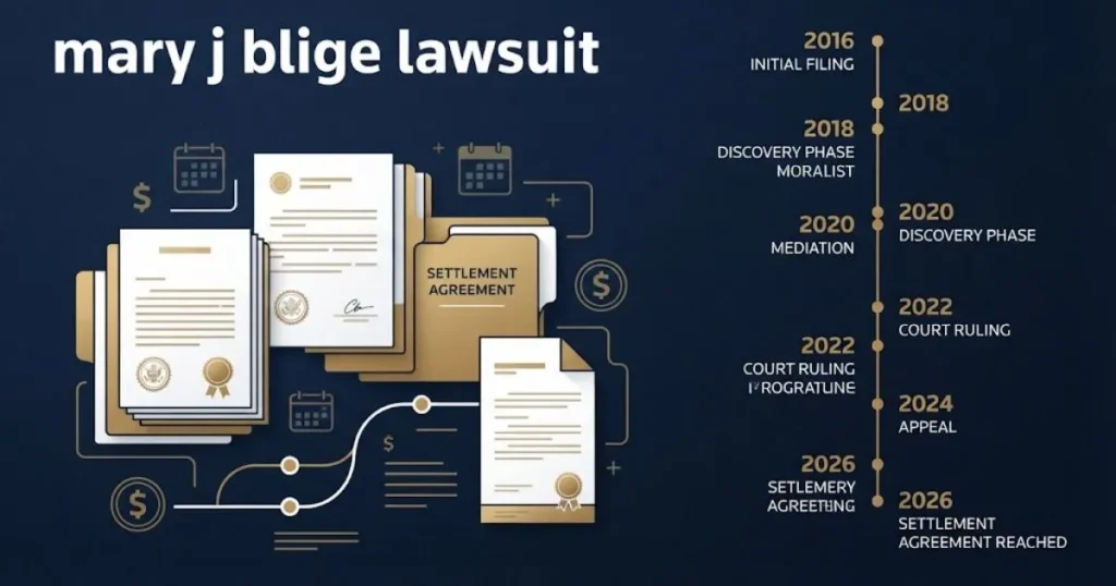 mary j blige lawsuit supporting graphic with settlement documents and timeline on navy background