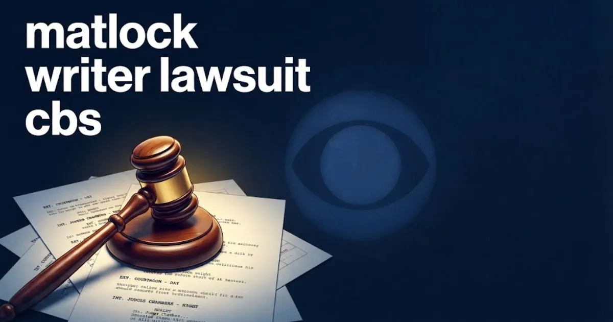 matlock writer lawsuit cbs hero banner with gavel on script pages in navy and gold editorial style