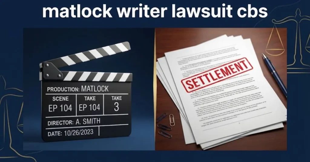 matlock writer lawsuit cbs settlement graphic with clapperboard and legal documents in navy and gold
