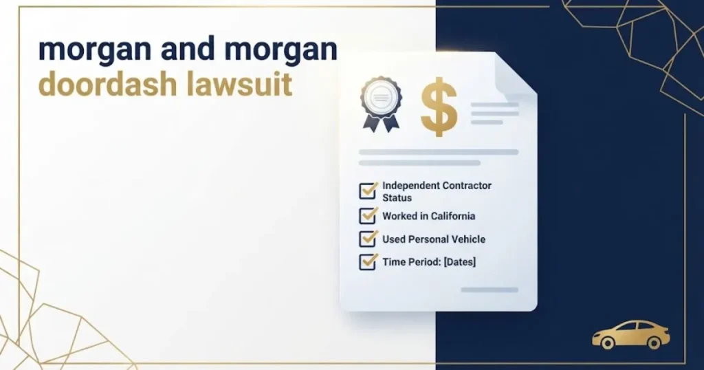 morgan and morgan doordash lawsuit settlement eligibility graphic with document illustration on navy and white background