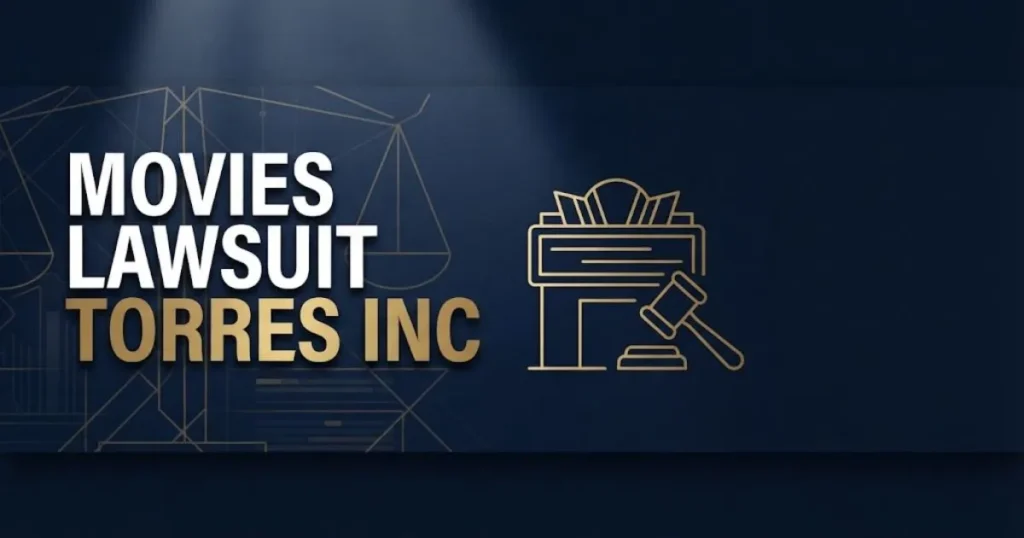 movies lawsuit torres inc hero banner with legal scales and theater marquee icons on navy background
