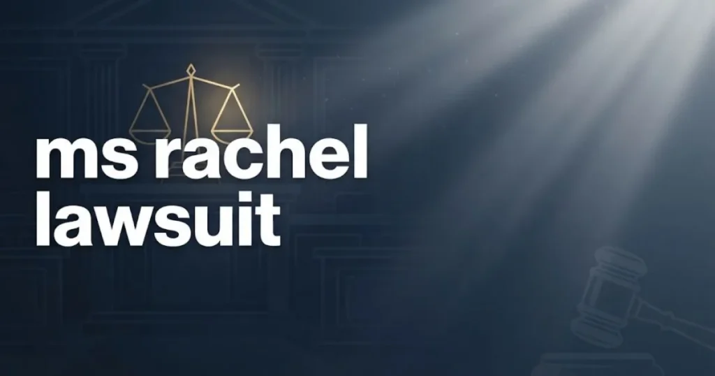 ms rachel lawsuit hero banner with legal scales and courtroom theme in navy and gold