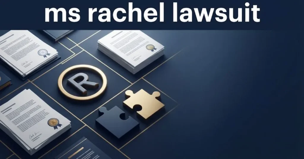 ms rachel lawsuit supporting graphic with trademark and partnership dispute visual elements