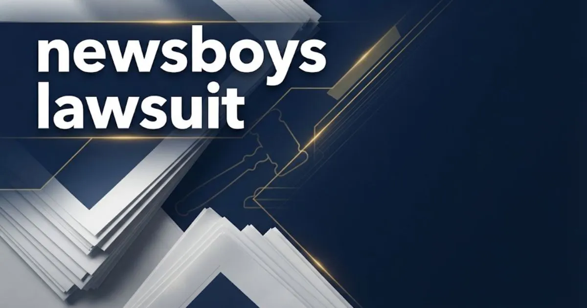 newsboys lawsuit hero banner with newspaper and gavel graphics on navy background