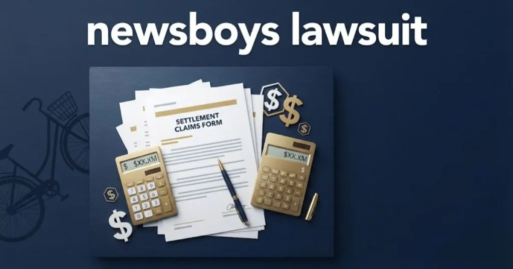 newsboys lawsuit settlement graphic with legal documents and delivery bicycle silhouette