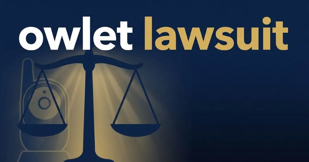 owlet lawsuit hero banner with legal scales and baby monitor silhouette on navy background