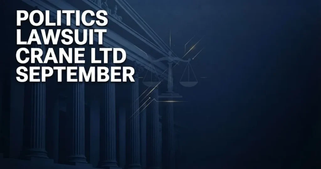 politics lawsuit crane ltd september hero banner with courthouse silhouette and gold legal scales on navy background