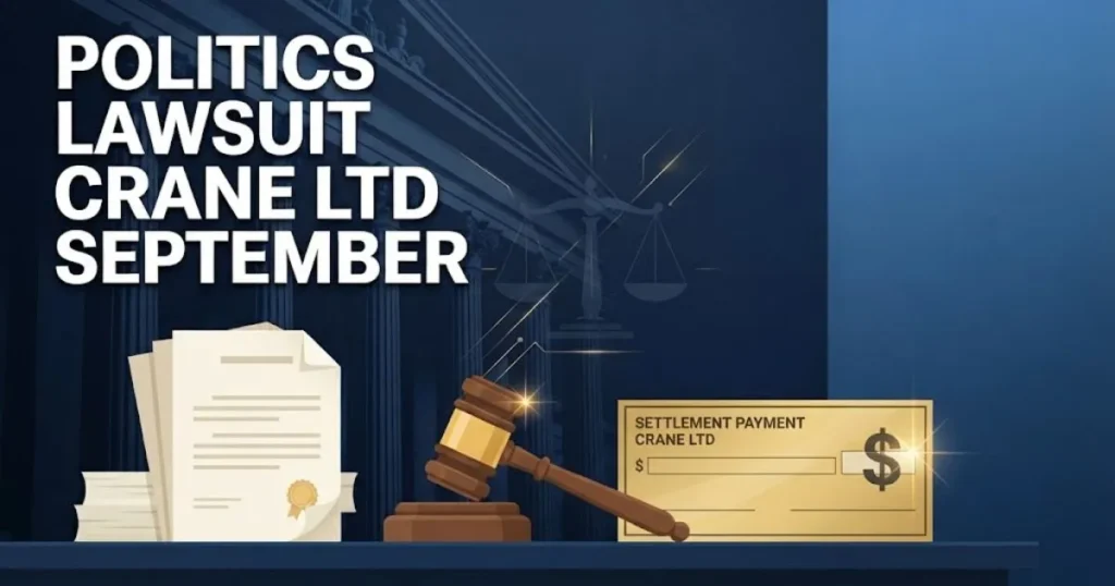 politics lawsuit crane ltd september settlement graphic with legal documents gavel and compensation check illustration
