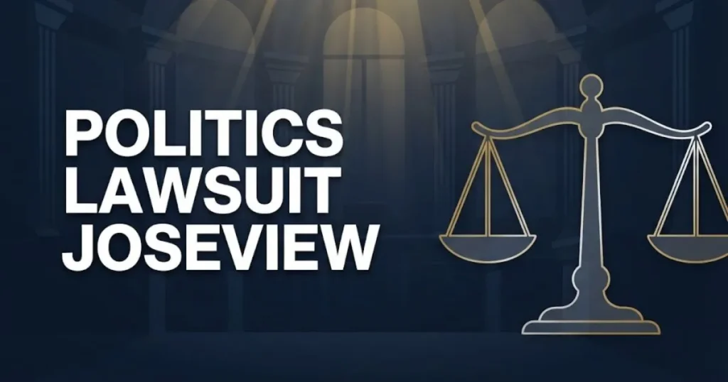 politics lawsuit joseview hero banner with scales of justice on dark navy background