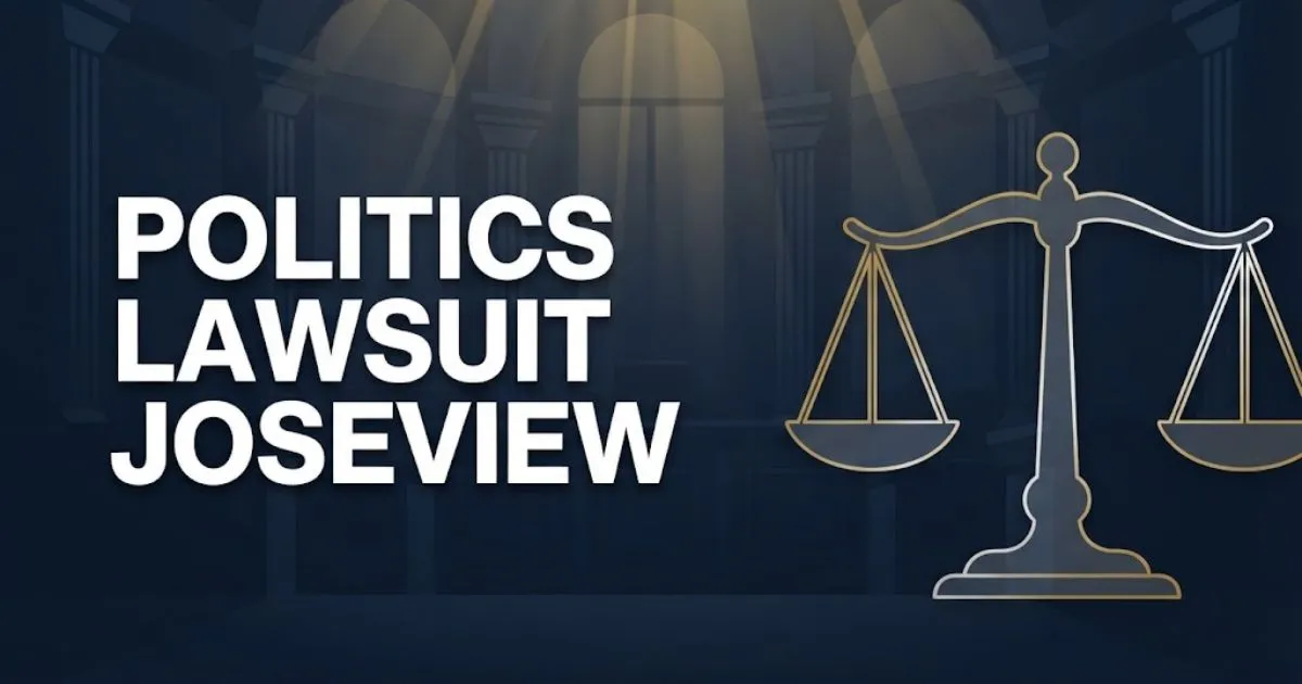 politics lawsuit joseview hero banner with scales of justice on dark navy background